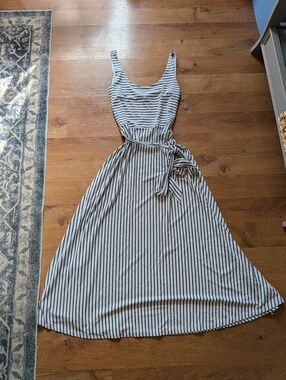 LOFT Navy and White Striped Sleeveless Tie-Waist Midi Dress